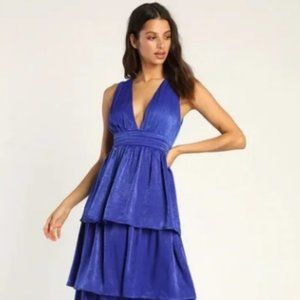 NWOT Lulus Peak Party Vibe Cobalt Blue Satin Tiered Tie-Back Midi Dress Large